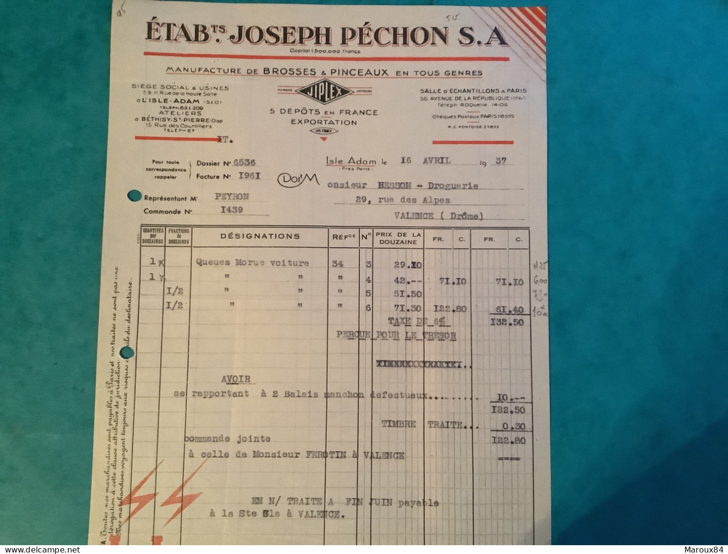 95/ Fact Ets Joseph Pêchon Manufacture De Brosses Et Pinceaux En Tous Genres Jiplex A L’isle Adam 1937 - Drogisterij & Parfum