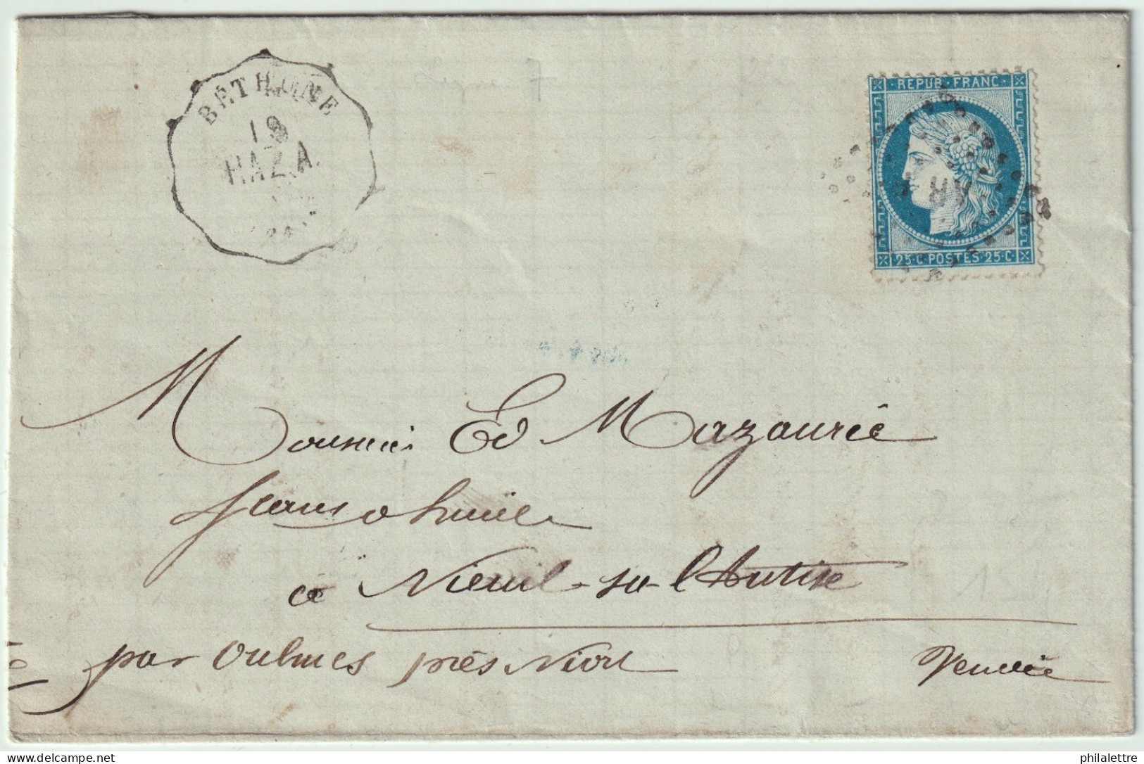 FRANCE 1874 - PAS-DE-CALAIS - TàD Courrier-Convoyeur Station "BETHUNE / HAZ.A. / (61)" Sur LAC Pour La Vendée - 1849-1876: Periodo Clásico