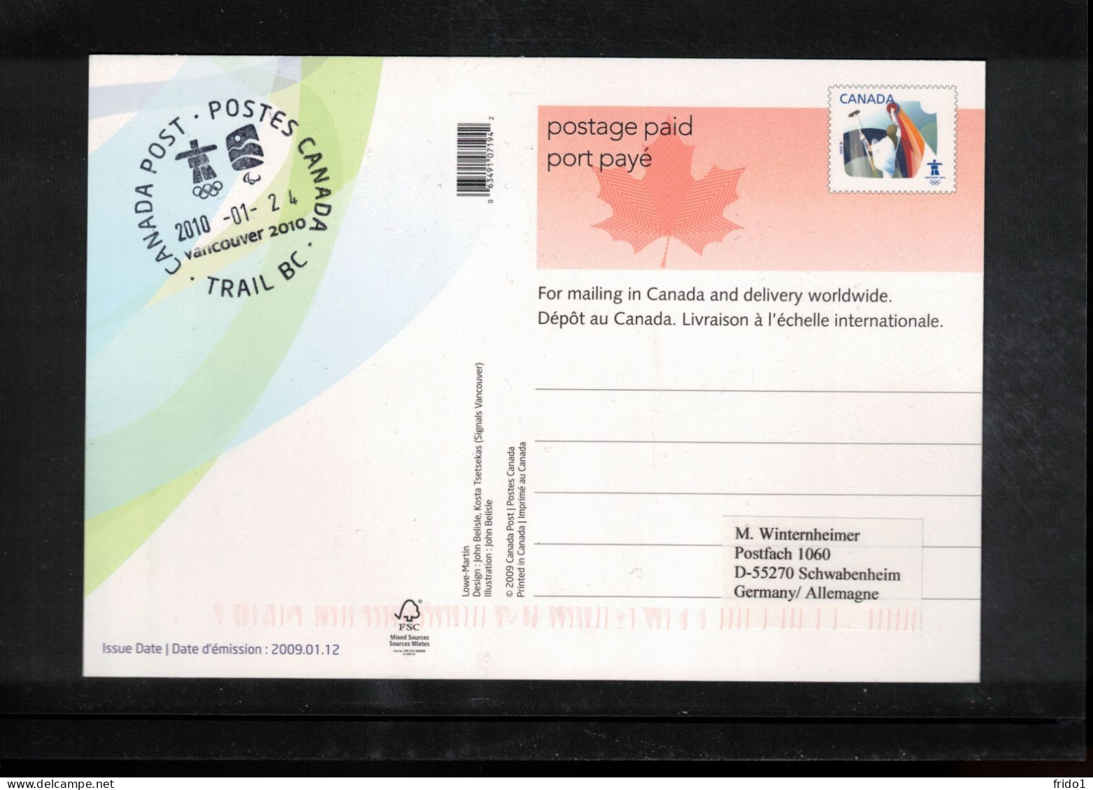 Canada 2010 Olympic Games Vancouver - TRAIL BC Postmark Interesting Postcard - Winter 2010: Vancouver