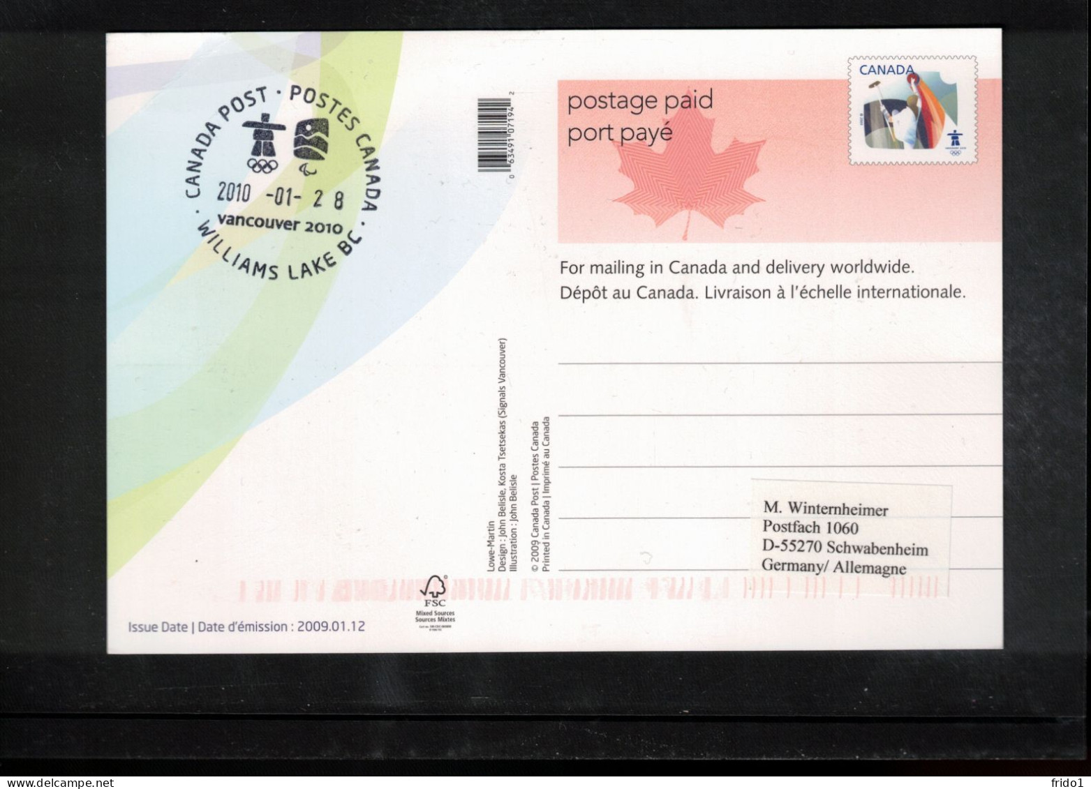 Canada 2010 Olympic Games Vancouver - WILLIAMS LAKE BC Postmark Interesting Postcard - Winter 2010: Vancouver