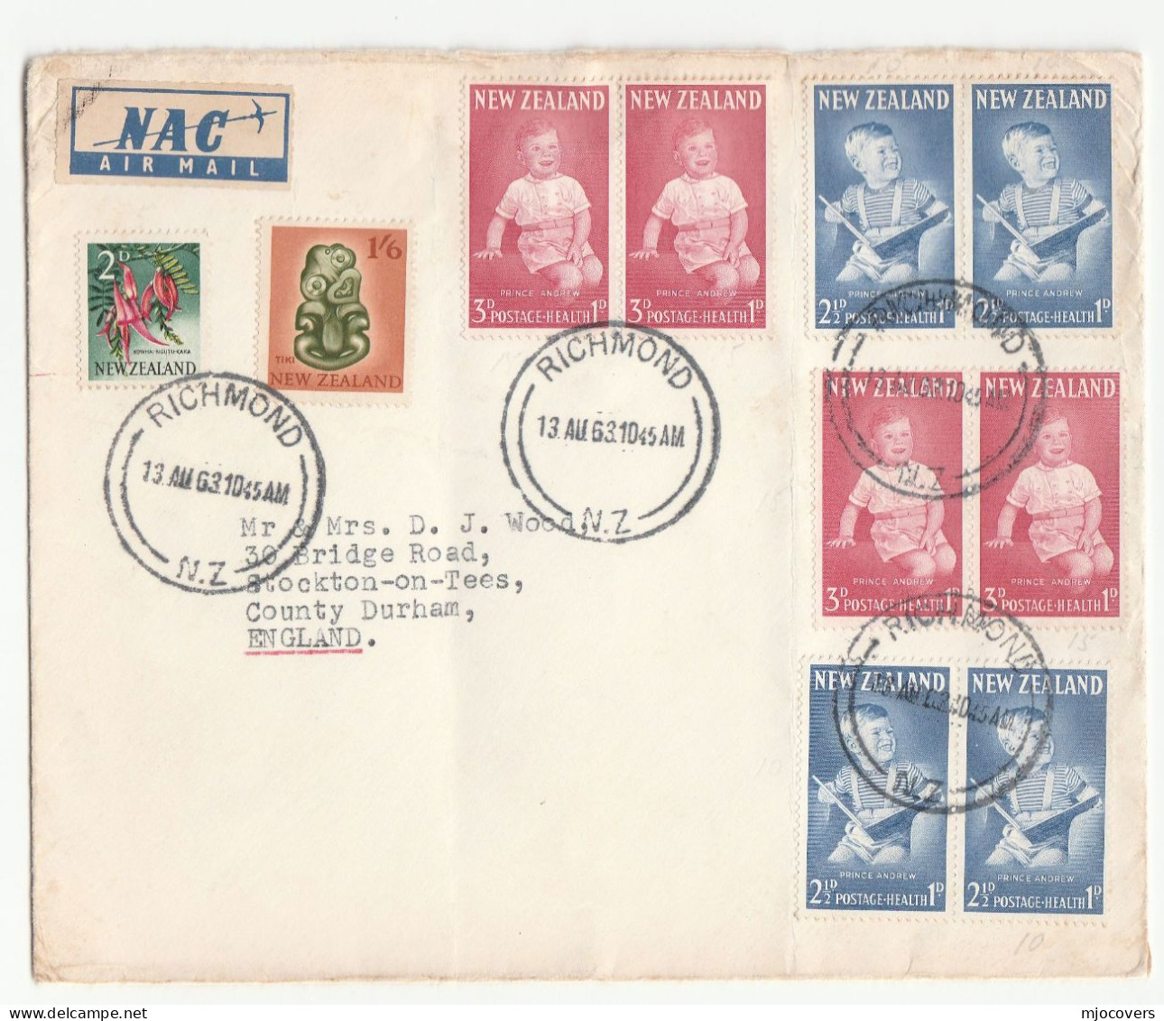 NAC Air Mail FLIGHT 1963 New Zealand CHILDREN HEALTH  Multi Prince Andrew  Royalty Stamps To GB - Brieven En Documenten