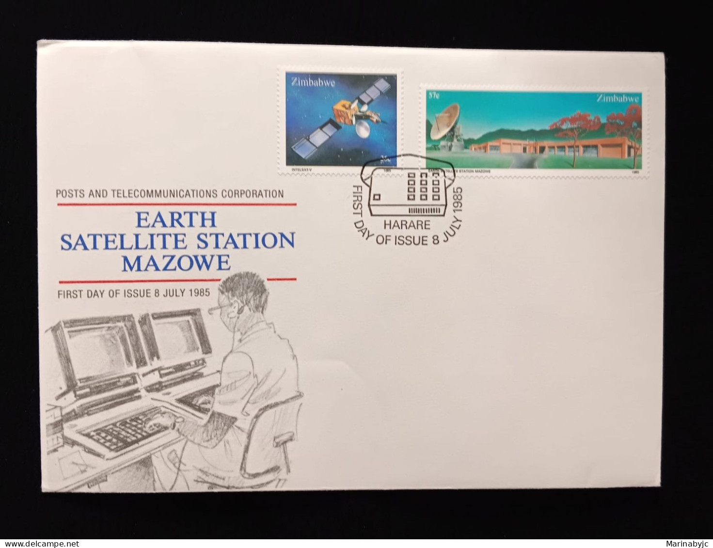 D)1985, ZIMBABWE, FIRST DAY COVER, ISSUE, MAZOWE EARTH STATION, "INTELSAT V" SATELLITE, VIEW OF THE EARTH STATION, FDC - Zimbabwe (1980-...)