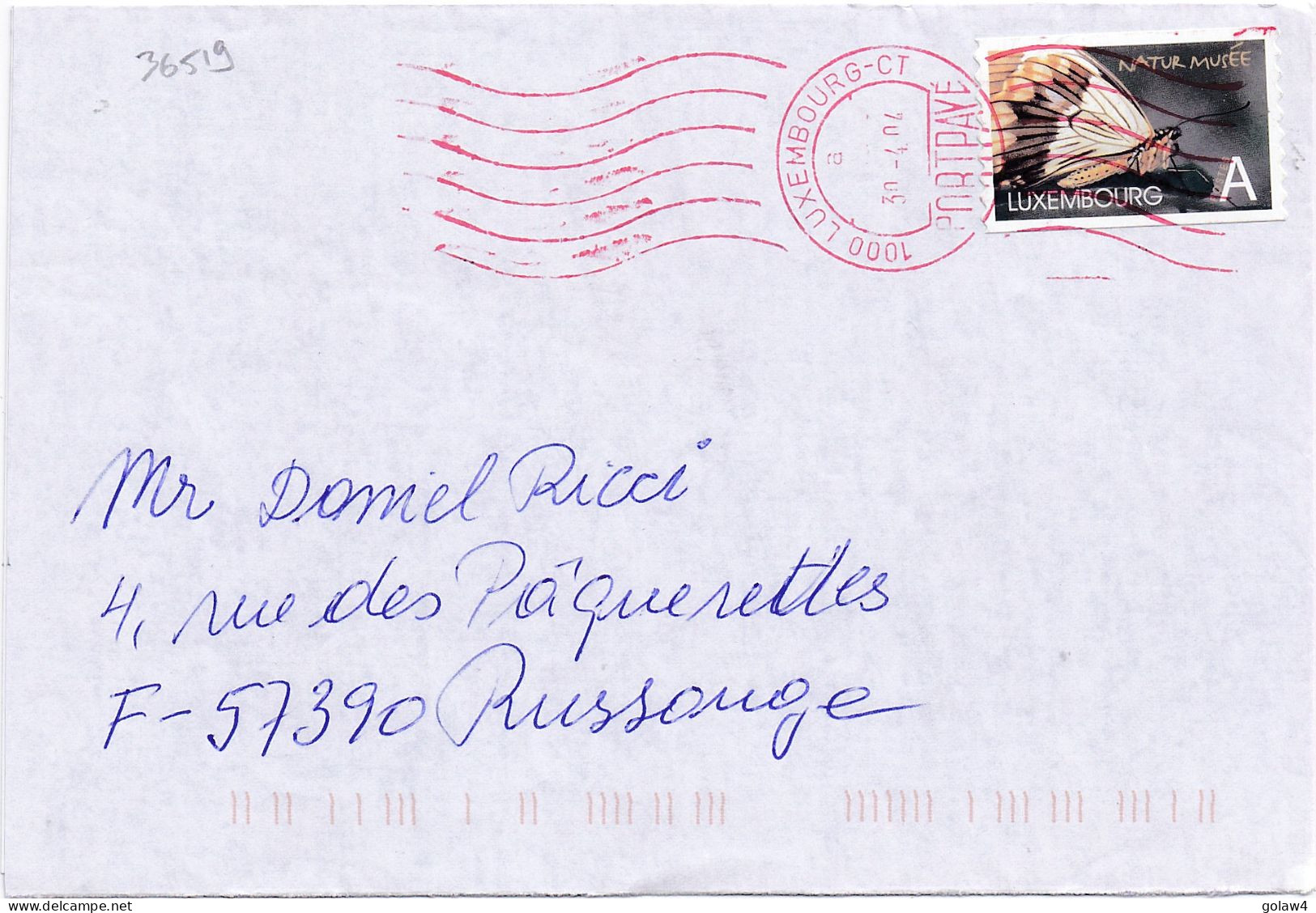 36519# LETTRE AFFRANCHIE Obl 1000 LUXEMBOURG CT PORT PAYE 2004 Pour RUSSANGE MOSELLE - Covers & Documents