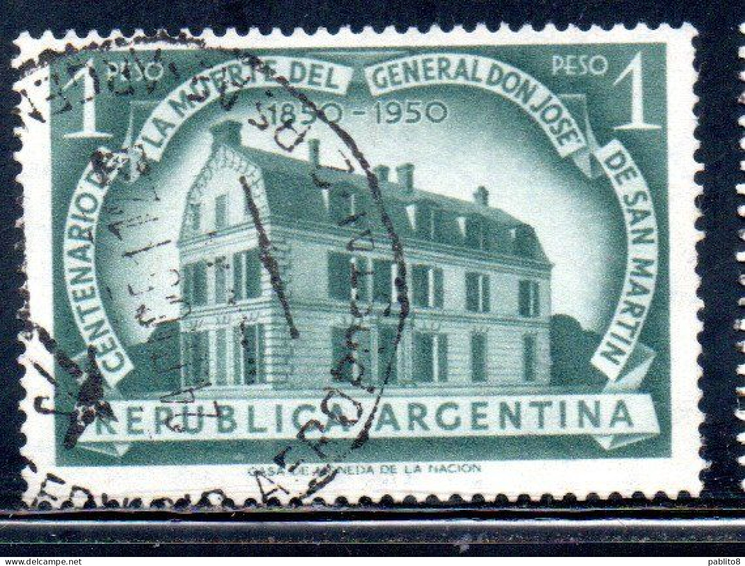 ARGENTINA 1950 HOUSE WHERE SAN MARTIN DIED 1p USED USADO OBLITERE' - Used Stamps