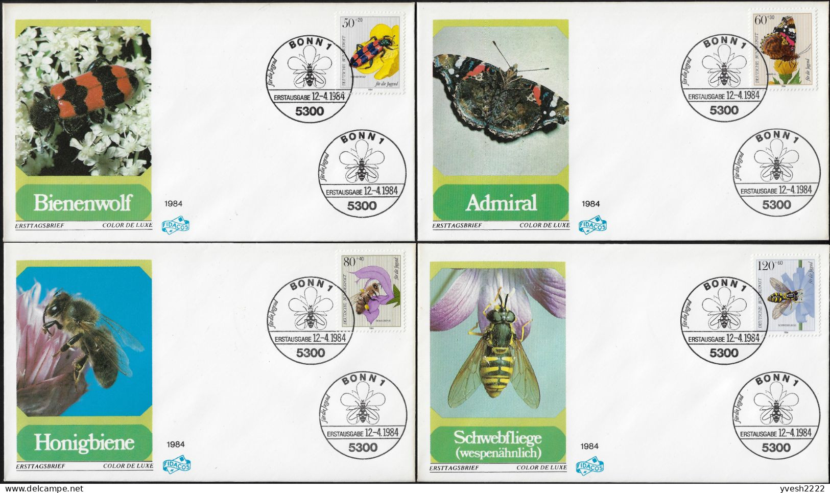 Allemagne 1984 Y&T 1034 à 1037 Sur 4 FDC. Insectes. Papillon, Coléoptère, Abeille Mellifère, Syrphide - Käfer