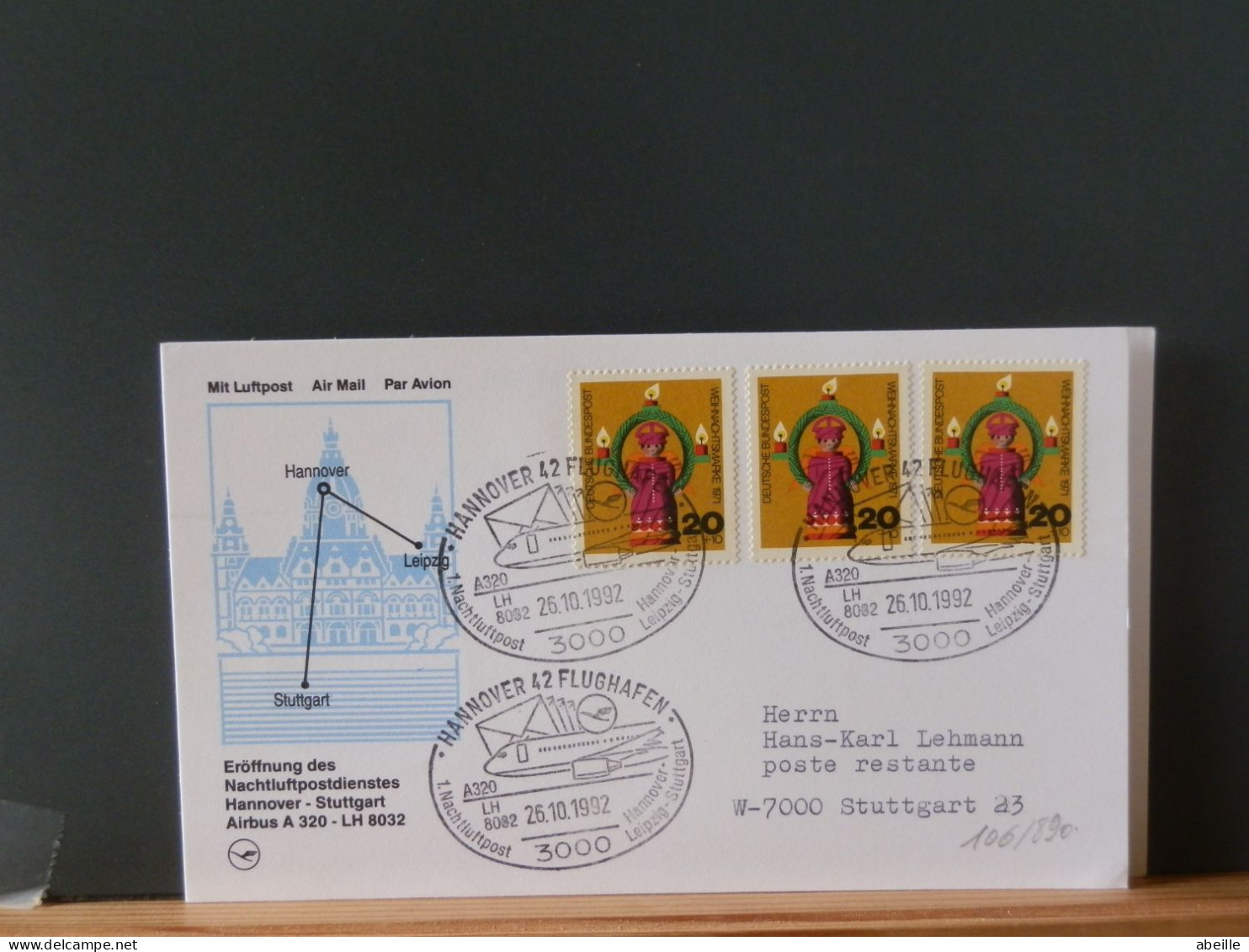 106/890  CP ALLEMAGNE 1992 1° VOL LUFTHANSA - Erst- U. Sonderflugbriefe