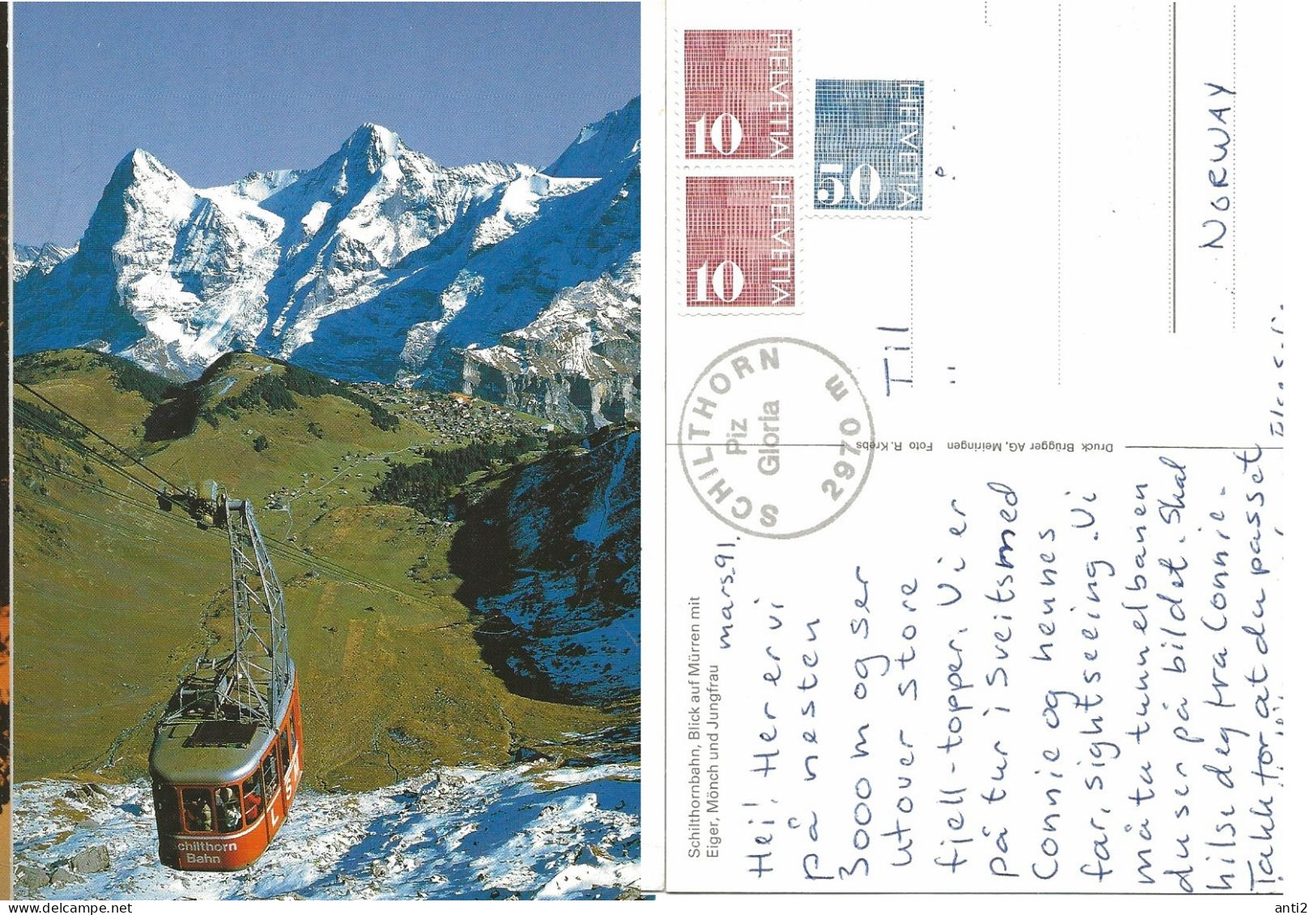 Switzerland   1991   Schilthorn  Piz Gloria  2979 M   Shilthornbahn - Cable Car   -  Used  Candelled Schilthorn - Mürren