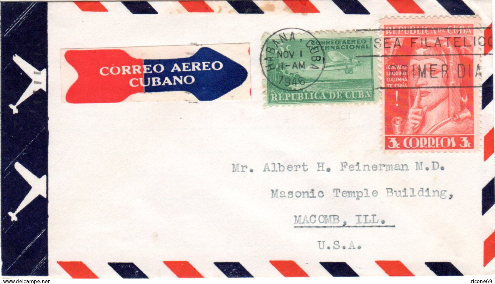 Cuba 1946, 3+5 C Auf Luftpost Brief V. Havanna N. USA M. Cuban. Air Mail Etikett - Amerika (Varia)