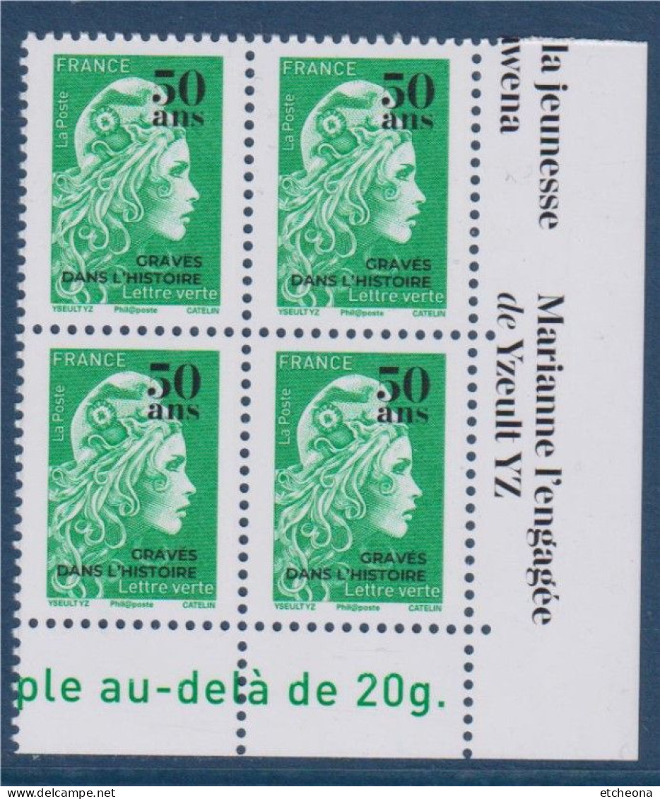 Marianne L'Engagée Surchargé 50 Ans Gravés Dans L'Histoire N°5439  X4 Coin De Feuille Bas Droit Gommé Vert Neuf - 2018-2023 Marianne L'Engagée