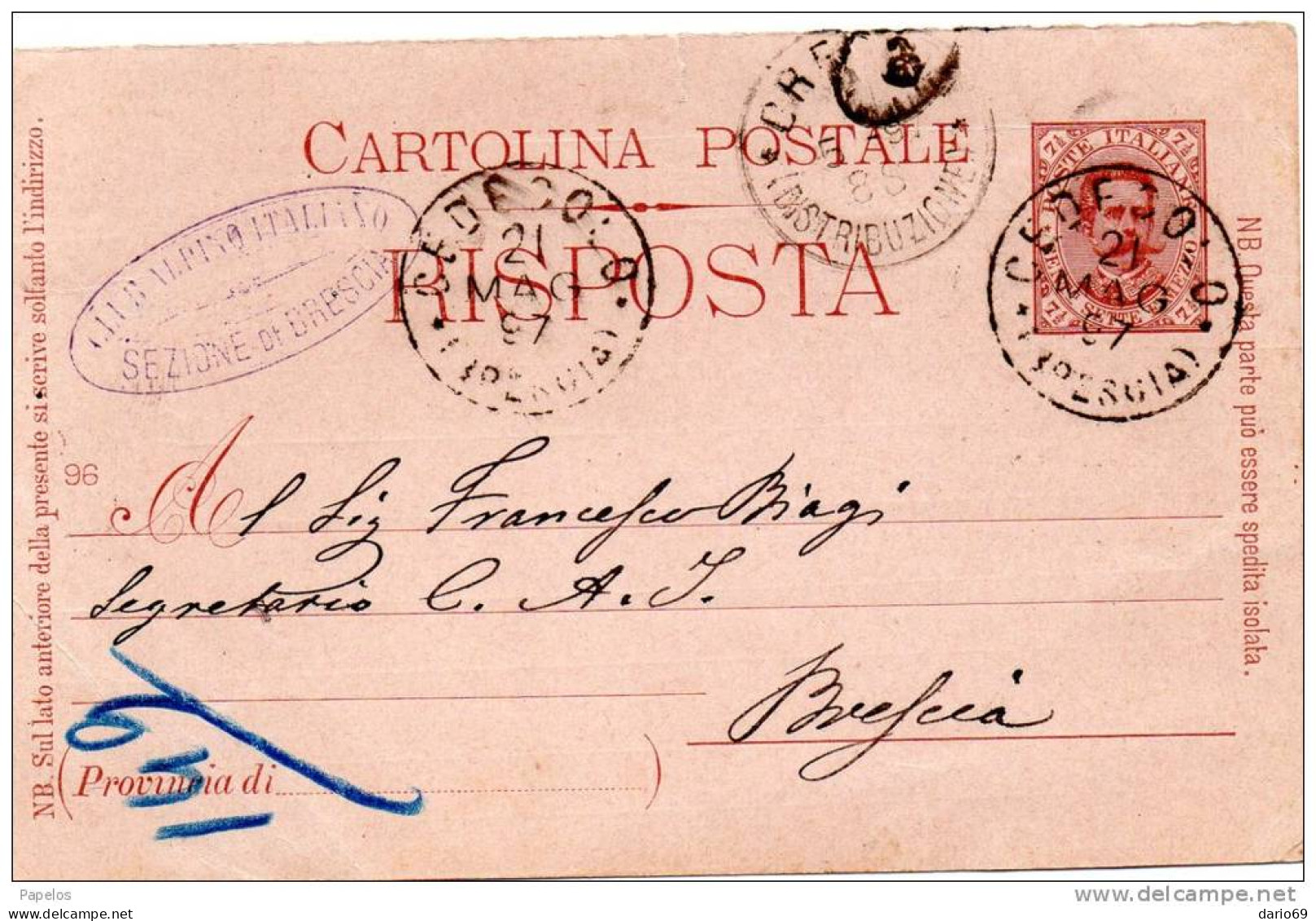 1897  CARTOLINA  CON ANNULLO CEDEGOLO BRESCIA - Postwaardestukken