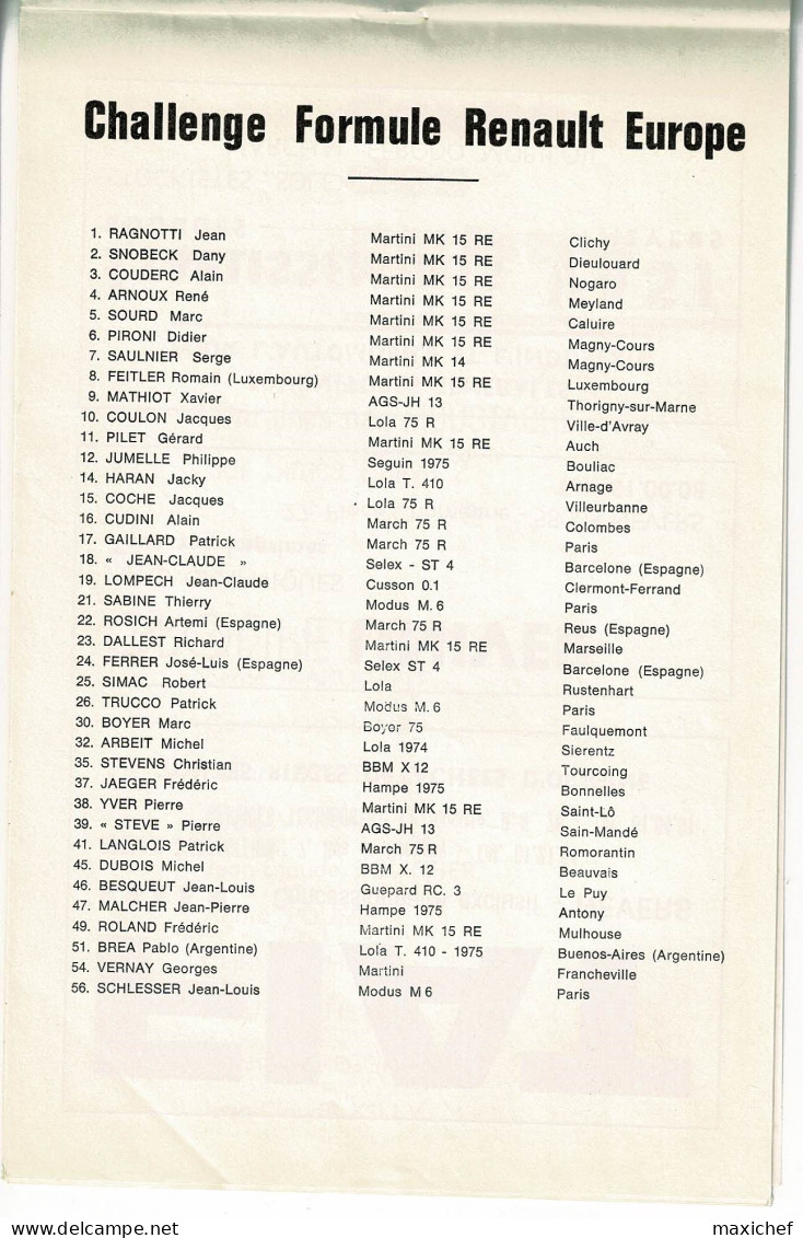 XVe Circuit Vitesse Magny-Cours, 3 & 4 Mai 1975, Groupe 1, R.5 Gordini, Formule 2, Formule Renault Europe, dédicasse