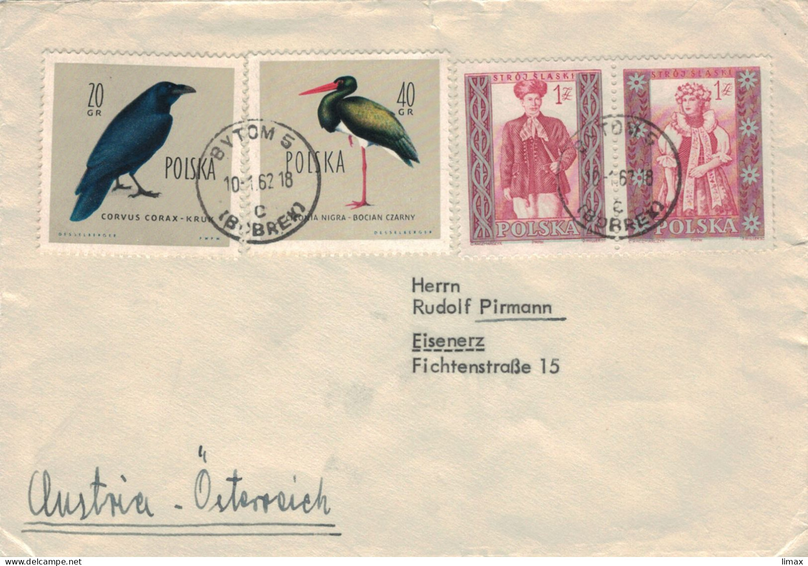 Bytom 1962 Corvus Corax Kolkrabe - Schwarzstorch C. Nigra > Eisenerz - Vögel Ornithologie - Tracht Slowakisch - Lettres & Documents