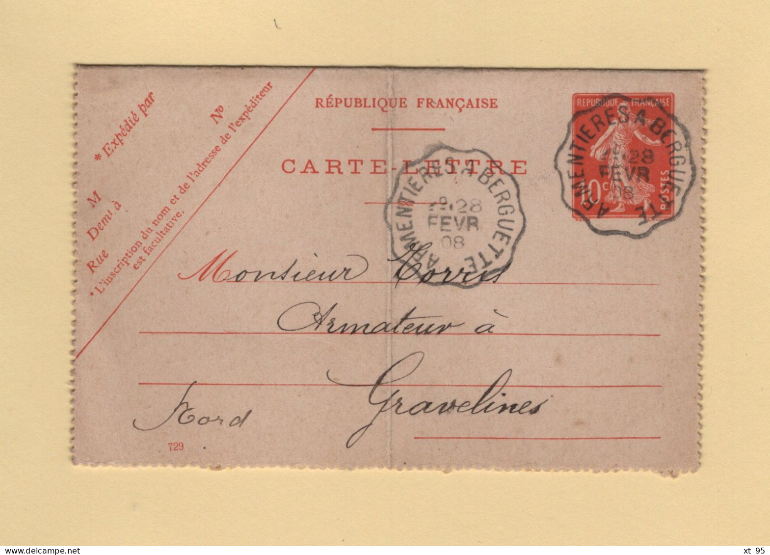 Convoyeur Armentieres A Berguette - 1908 - Posta Ferroviaria