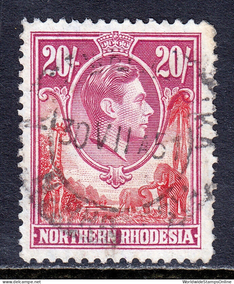 NORTHERN RHODESIA — SCOTT 45 — 1938 20/- KGVI HIGH VALUE — USED — SCV $75 - Rodesia Del Norte (...-1963)