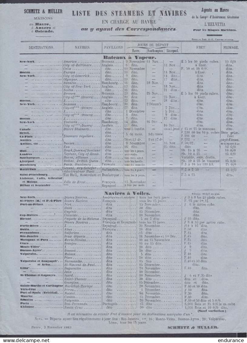 Affichette Publicitaire "Schmitz & Müller" Liste Des Steamers Et Navires En Charge Au HAVRE Datée 3 Novembre 1863 - Transportmiddelen