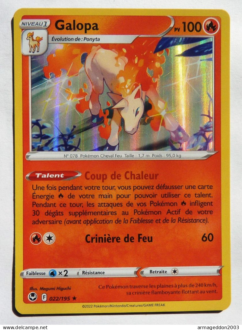 Carte Pokémon GALOPA 022/195 Holo Epée Et Bouclier 12 TBE FRANCE 2022 - Sword & Shield