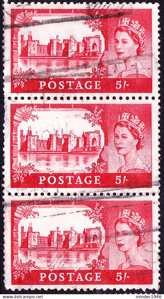 GREAT BRITAIN 1959 QEII 5sh X 3 Vertical Strip Rose-Carmine, Caernarvon Castle SG596 Used - Usados