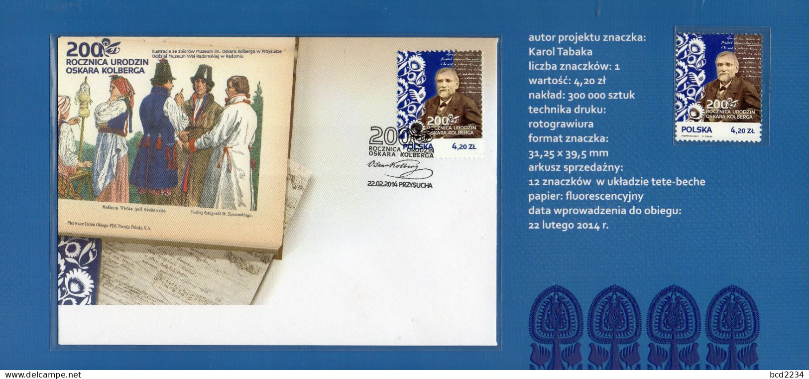 POLAND 2014 POLISH POST OFFICE LIMITED EDITION FOLDER: 200 BIRTH ANNIVERSARY OSCAR KOLBERG FDC FOLK COSTUMES DANCING - Lettres & Documents