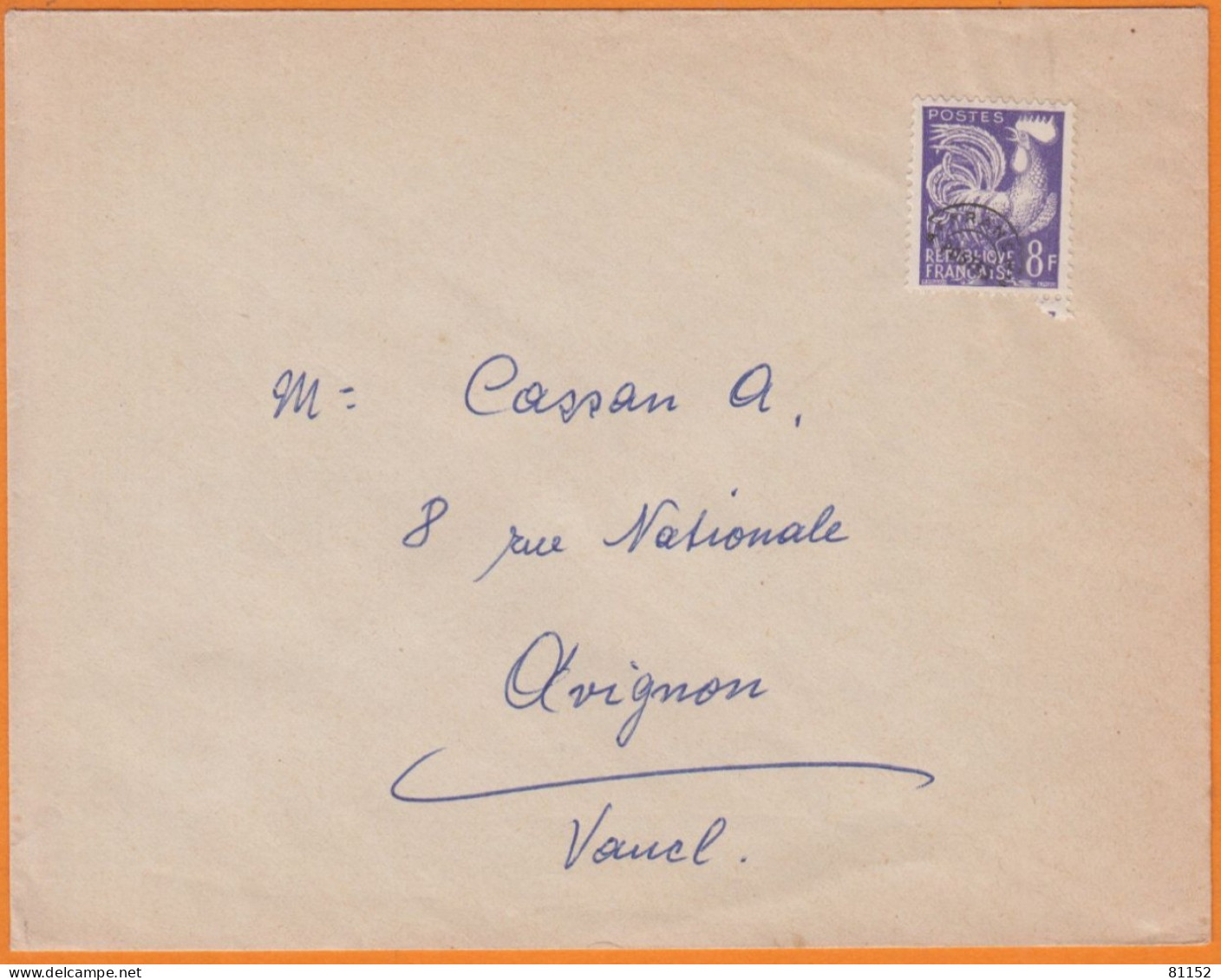 PREOBLITERE Coq Gaulois   8f Violet  Y.et.T.109   Sur Lettre     Pour  AVIGNON Vaucluse - 1953-1960
