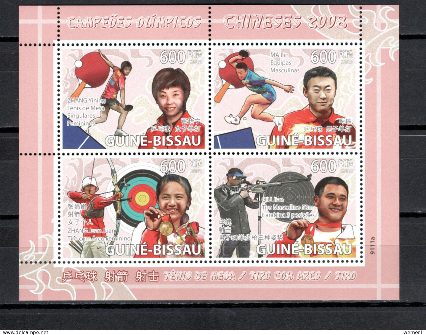 Guinea - Bissau 2009 Olympic Games Beijing, Chinese Winners, Table Tennis, Shooting, Archery Sheetlet MNH - Zomer 2008: Peking