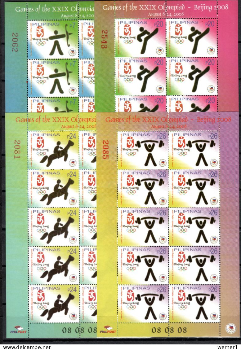 Philippines 2008 Olympic Games Beijing, Archery, Judo, Equestrian, Weightlifting Set Of 4 Sheetlets MNH - Ete 2008: Pékin