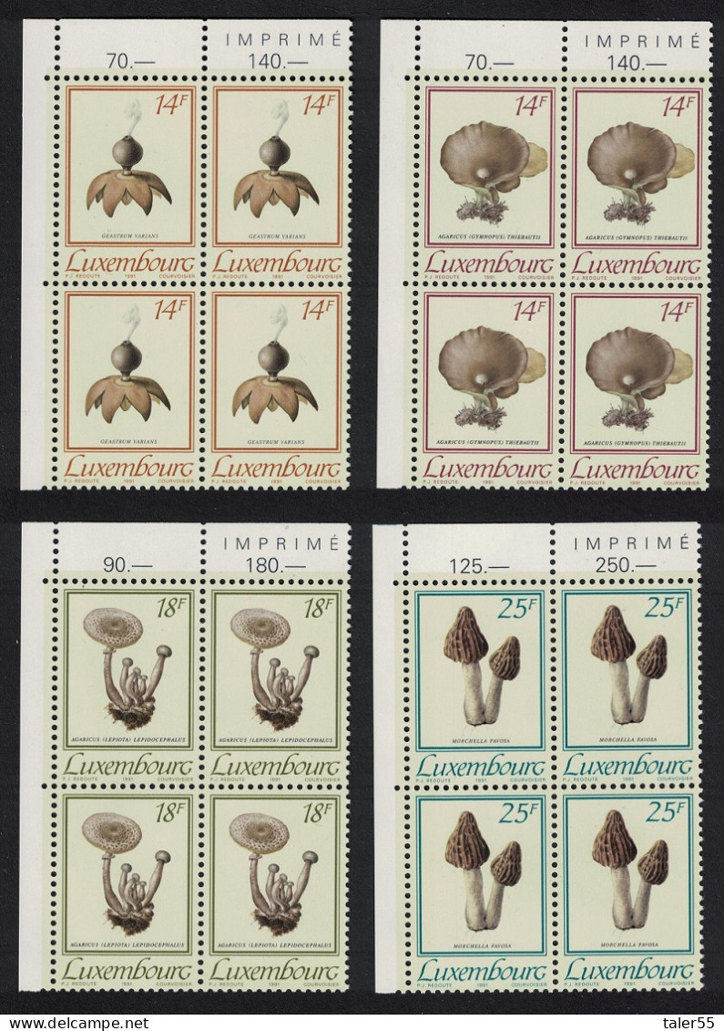 Luxembourg Fungi 4v Corner Blocks Of 4 1991 MNH SG#1285-1288 MI#1267-70 - Ungebraucht