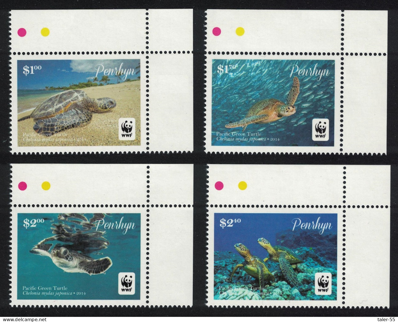 Penrhyn WWF Pacific Green Turtle 'Chelonia Mydas' 4v White Frame Corners 2014 MNH SG#645-648 - Penrhyn