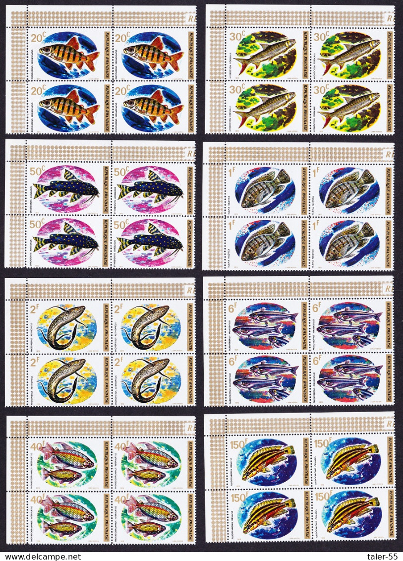 Rwanda Fish 8v T1 Corner Blocks Of 4 1973 MNH SG#553-560 MI#577-584A Sc#541-549 - Unused Stamps