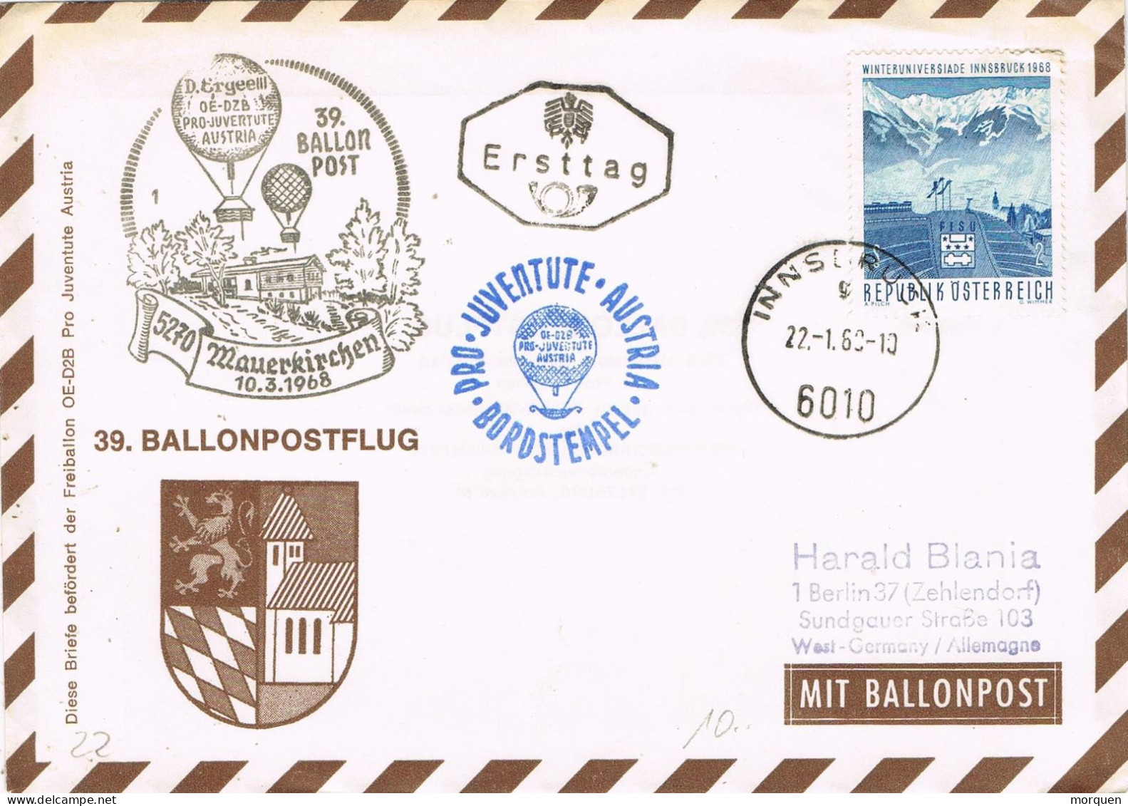 54626. Carta Ballon Post, Globus INNSBRUCK (Austria) 1968. Mauerkirchen To Germany - Briefe U. Dokumente