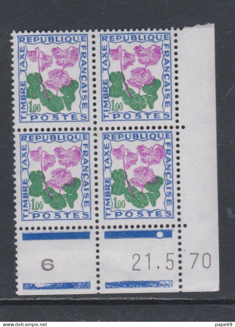 France Timbres-Taxe N° 102 XX Fleurs : 1 F. Soldanelle  En Bloc De 4 Coin Daté Du 21 . 5 . 70 ; 1 Point Blanc, Ss Ch. TB - Postage Due