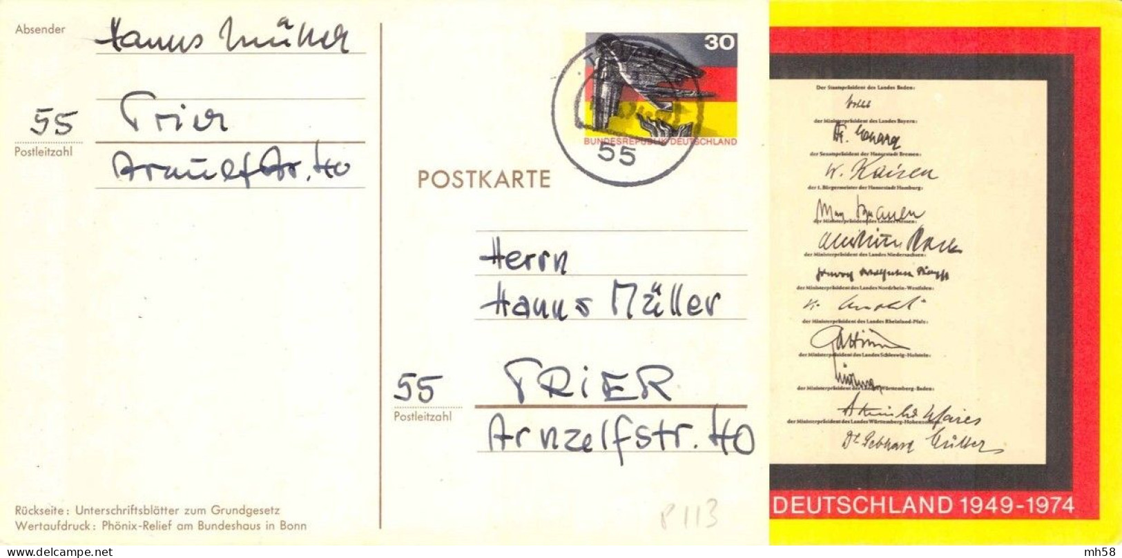 ALLEMAGNE RFA BUND - Entier / Ganzsache Gestempelt Am 18.5.1974 - P 113 Oder PSo 4 25 Jahre BRD - 30 Pf Phönix-Relief - Postkarten - Gebraucht
