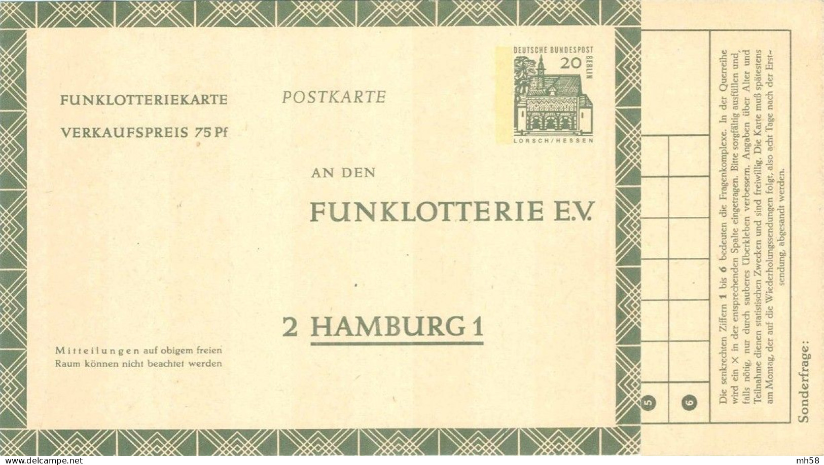 BERLIN 1966 - Entier / Ganzsache * - FP 8 Funklotterie - 20 (75 Pf) Bauwerke I (Lorsch Hessen) Grün - Cartes Postales - Neuves