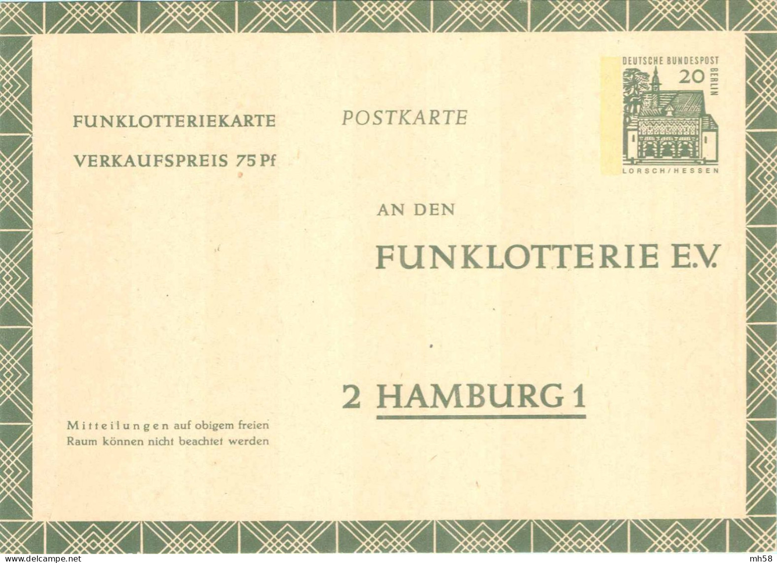 BERLIN 1966 - Entier / Ganzsache * - FP 8 Funklotterie - 20 (75 Pf) Bauwerke I (Lorsch Hessen) Grün - Cartes Postales - Neuves