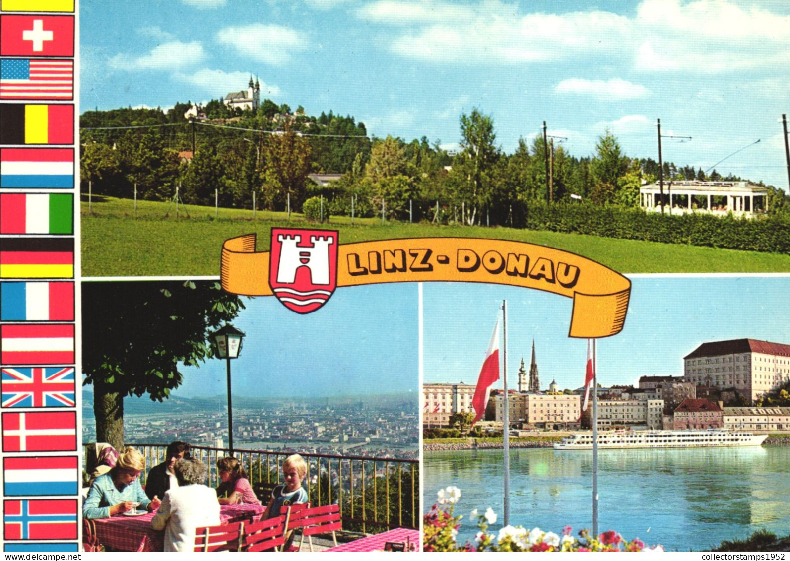 LINZ, MULTIPLE VIEWS, ARCHITECTURE, EMBLEM, FLAGS, TERRACE, SHIP, CHILD, BOY, AUSTRIA, POSTCARD - Linz