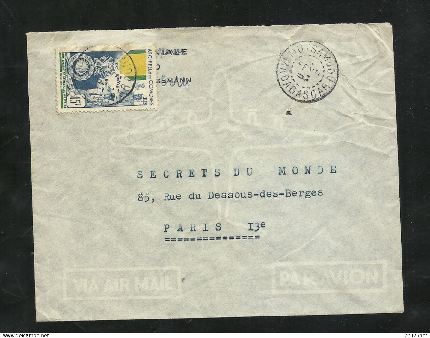 Rare  ! ! !  Comores (Madagascar)  Lettre De Mutsamudu  Le 4/02/1953 à Paris Avec Le  N° 12 Médaille Militaire  B/TB - Lettres & Documents