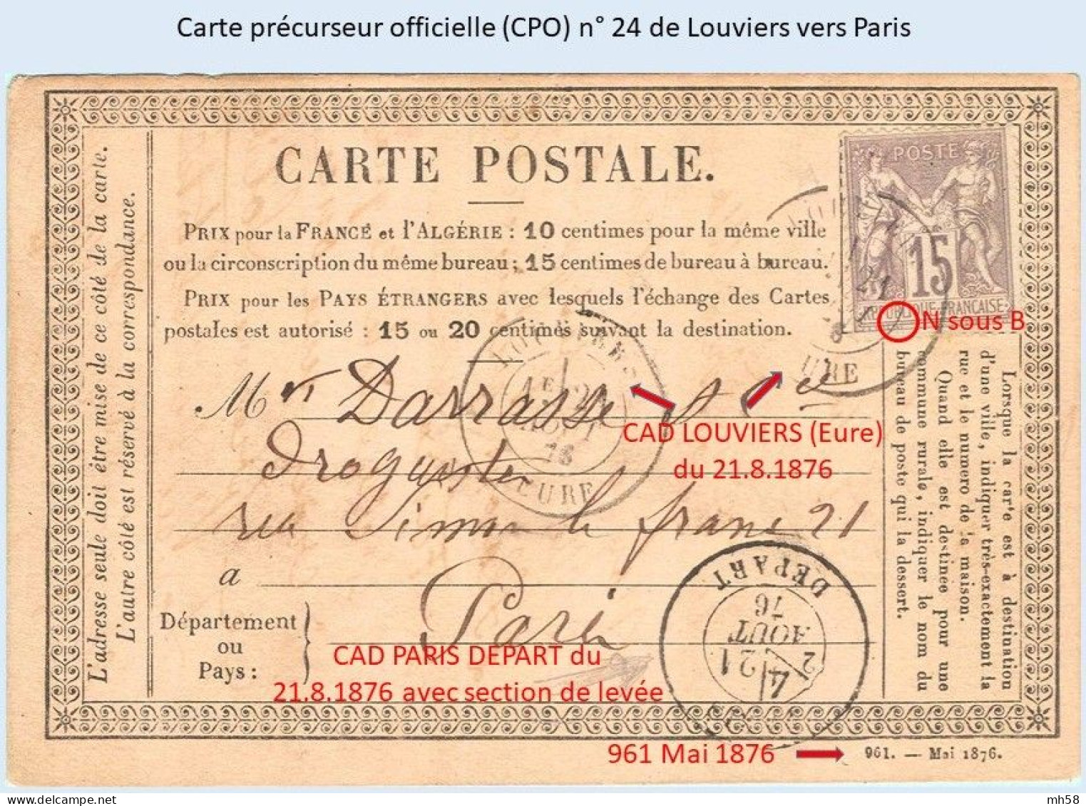 Entier FRANCE - Carte Précurseur (CPO) N° 24 Affrcht YT 66 - Obl. Louviers Vers Paris - Vorläufer