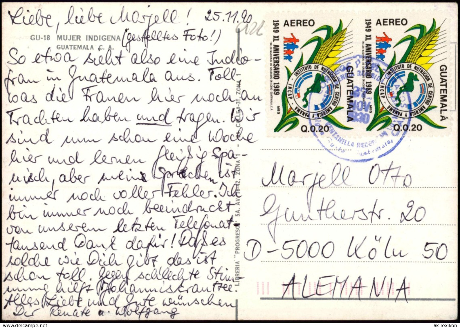 Postcard Guatemala  Frau Typen 1989  Gel. Airmail Briefmarke Exoten - Guatemala