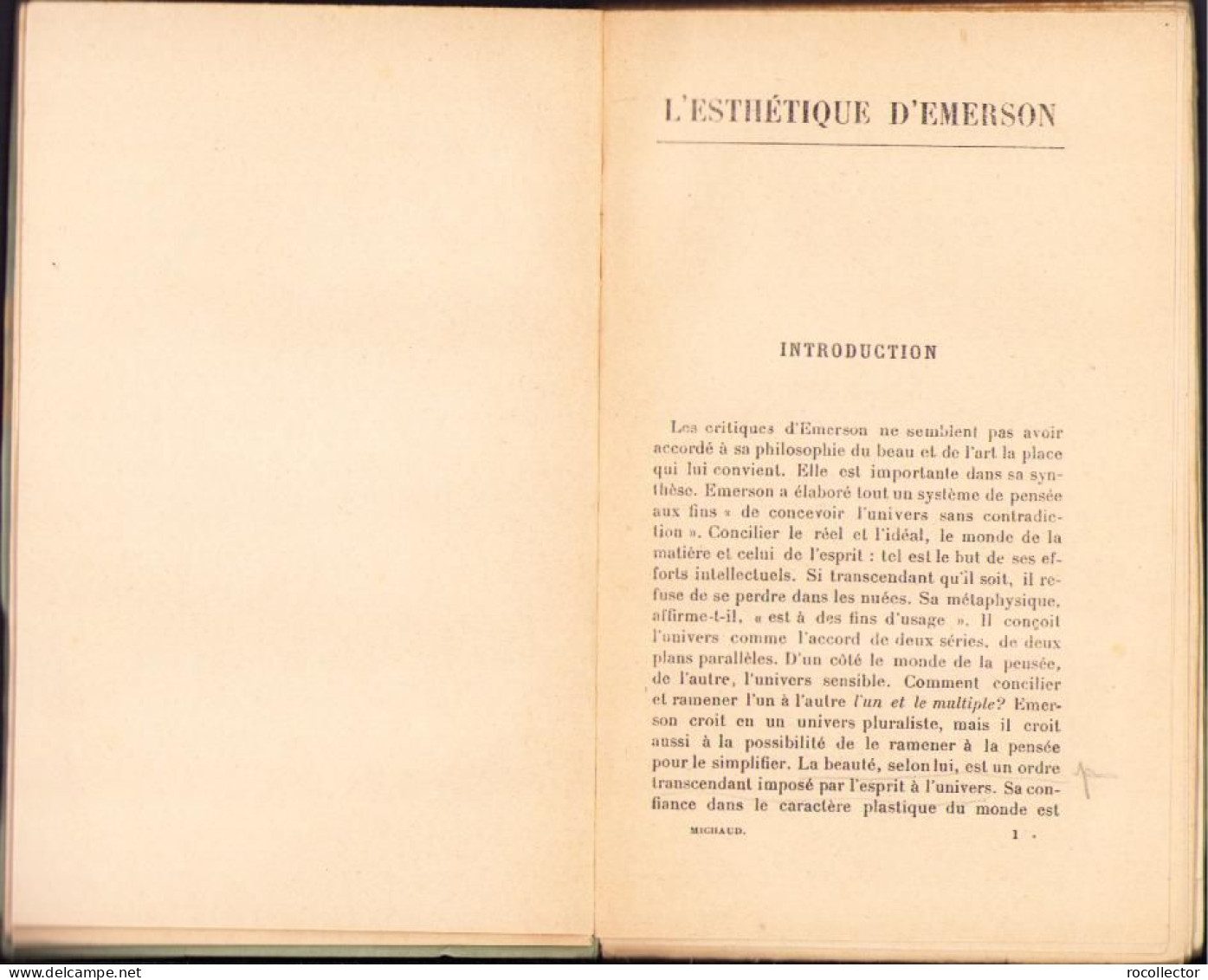 L’esthetique D’Emerson. La Nature, L’art, L’histoire Par Regis Michaud, 1927, Paris C2162 - Old Books