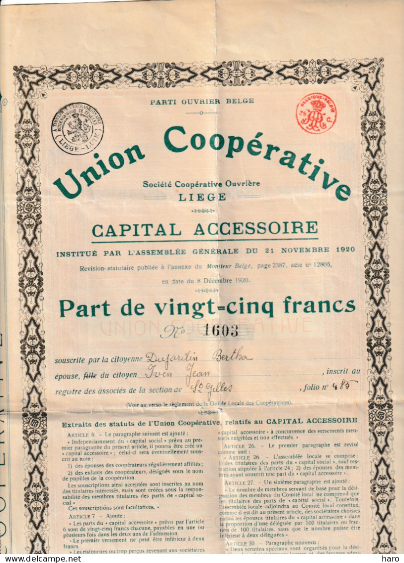 UNION COOPERATIVE - Liège - Parti Ouvrier Belge - Part De 25 Francs Du Capital Accessoire (B371) - S - V