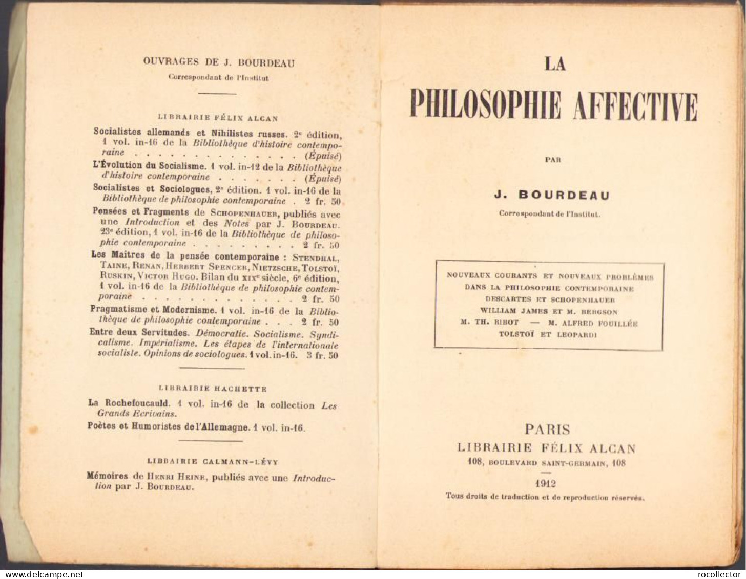 La Philosophie Affective Par J Bourdeau, 1912 C1698 - Livres Anciens