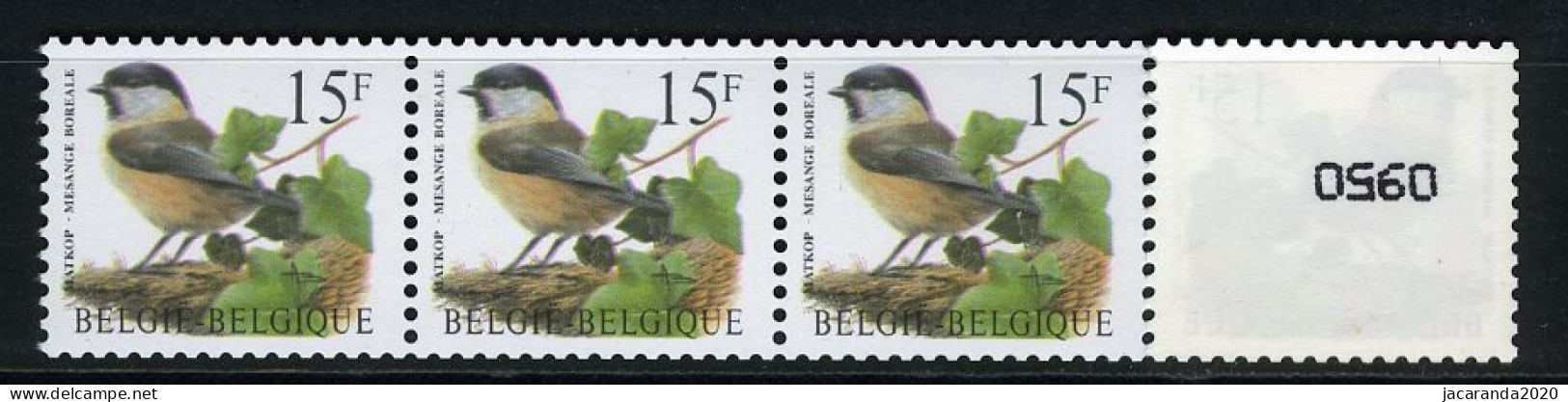 België R83a - Vogels - Oiseaux - Buzin (2732) - 15F - Matkop - Strook Met 4 Cijfers - Kopstaand - Bande Avec 4 Chiffres - Rollen