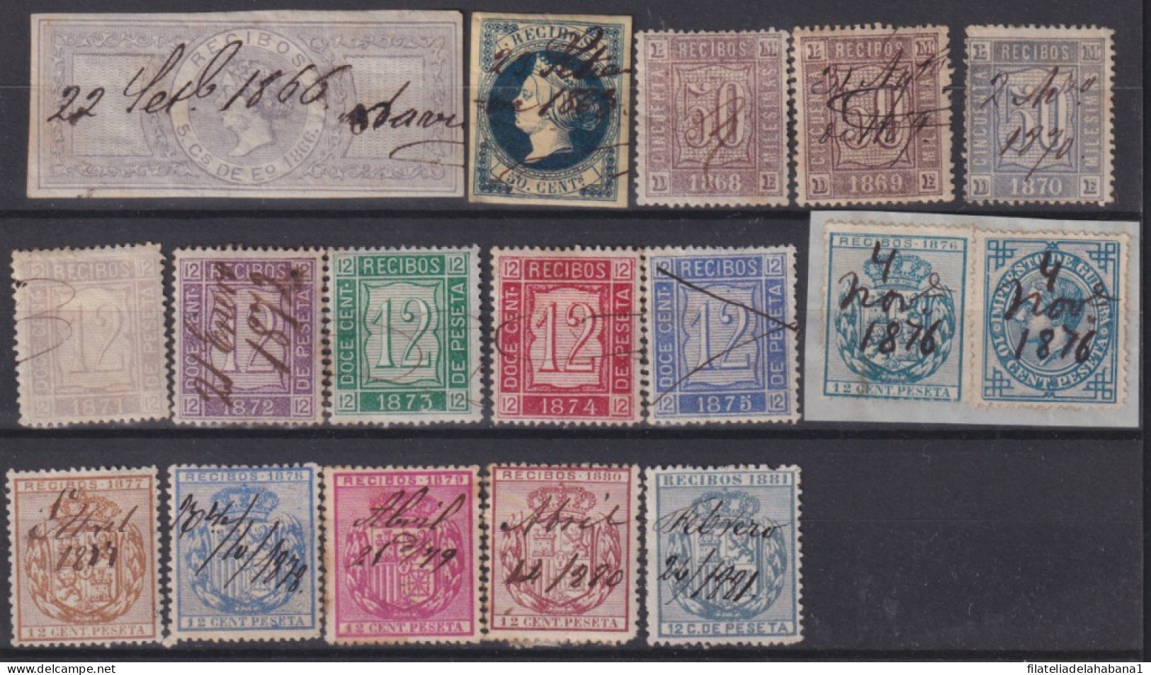 F-EX40885 ESPAÑA SPAIN 1868-81 RECIBOS USED REVENUE STAMPS LOT.  - Fiscali