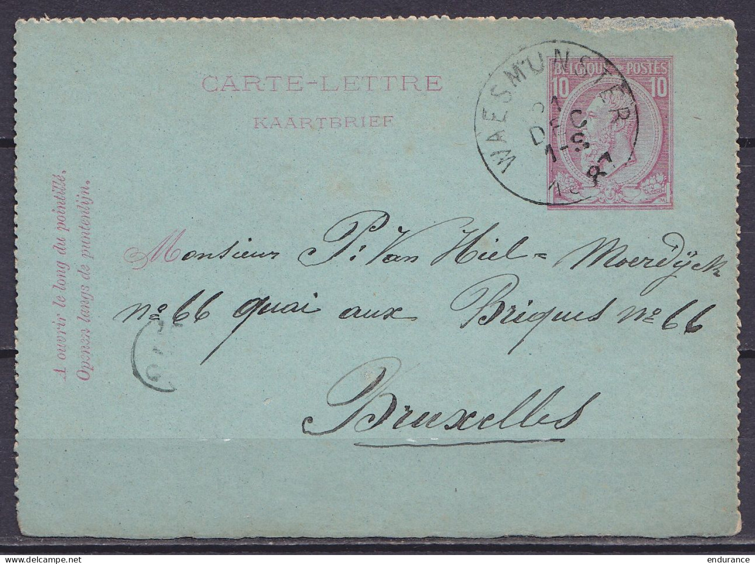 EP Carte-lettre 10c Rose (N°46) Càd WAESMUNSTER /21 DEC 1887 Pour BRUXELLES (au Dos: Càd BRUXELLES 1) - Kartenbriefe