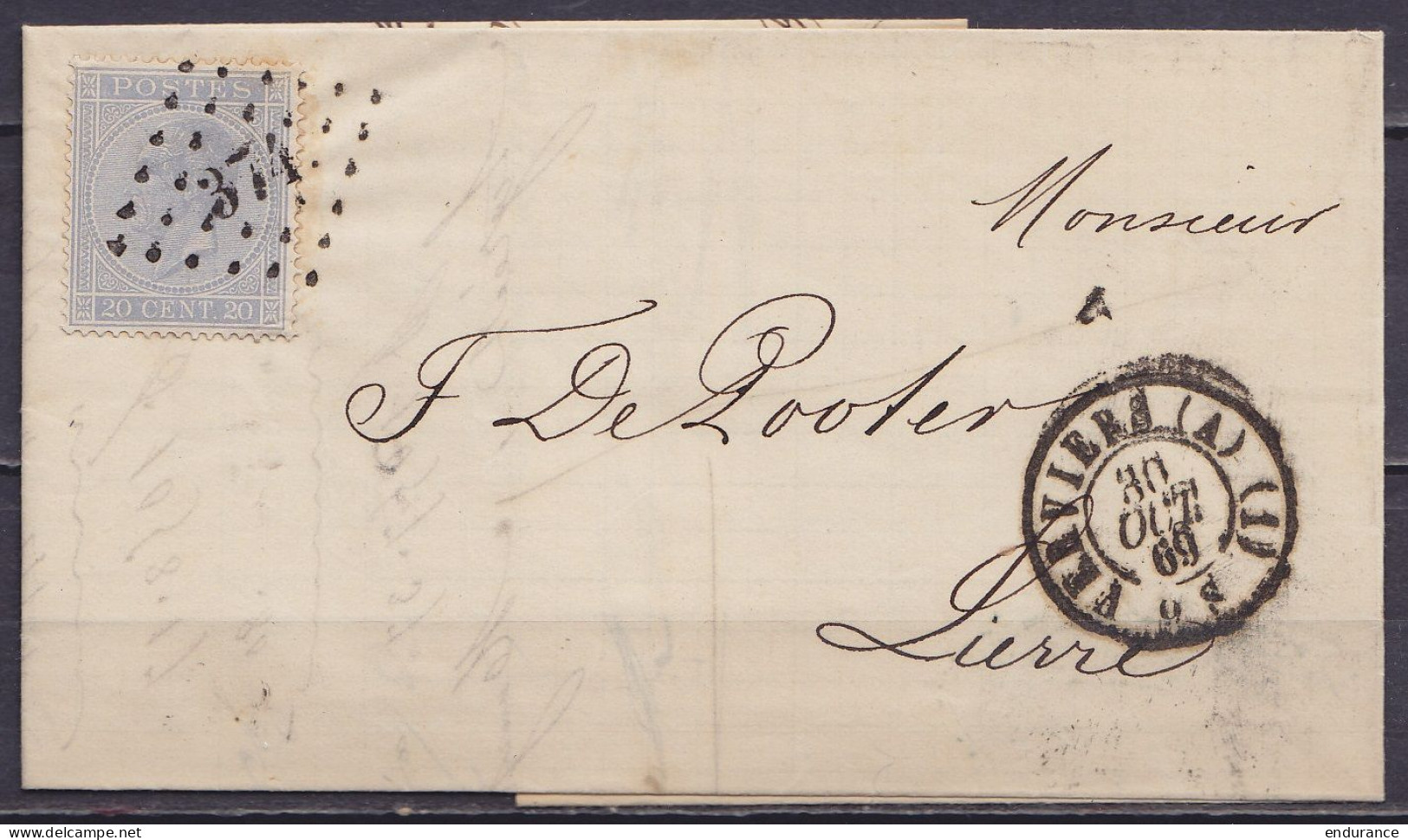 L. Affr. N°18 Lpts "374" Càd VERVIERS (A) (1) /30 OCT 1869 Pour LIERRE (au Dos: Càd LIERRE) - 1865-1866 Profiel Links