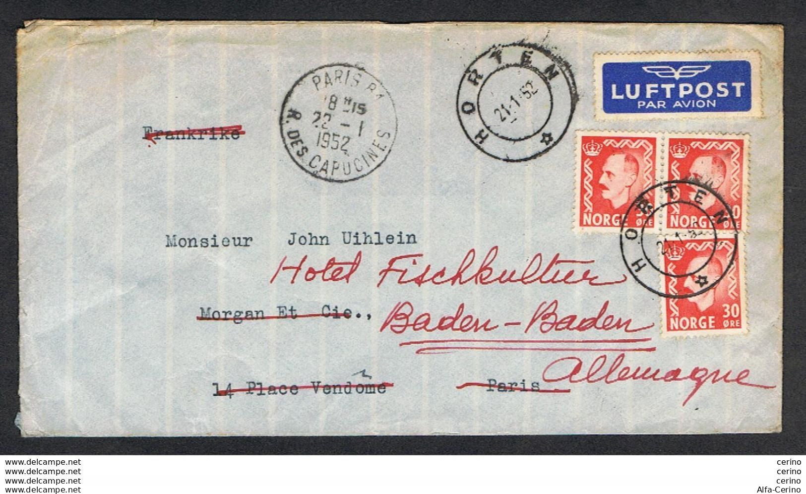 NORWAY: 1952 AIR MAIL COVERT WITH (326 A X 3) - TO GERMANY - Lettres & Documents