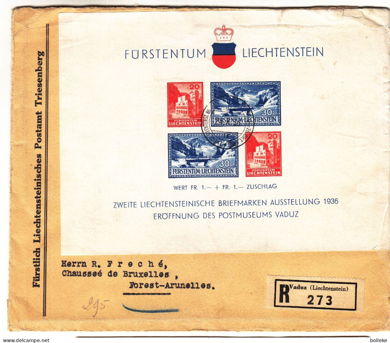 Liechtenstein - Lettre Recom FDC De 1936 - GF -  Exp Vers Forest Arunelles - Valeur 500,00 Euros - - Briefe U. Dokumente