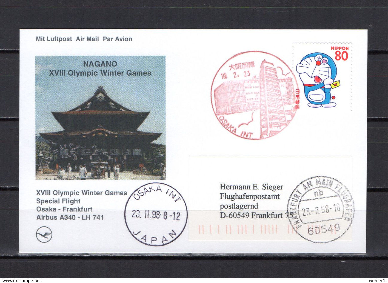 Japan 1998 Olympic Games Nagano Commemorative Flight Postcard To Germany - Hiver 1998: Nagano
