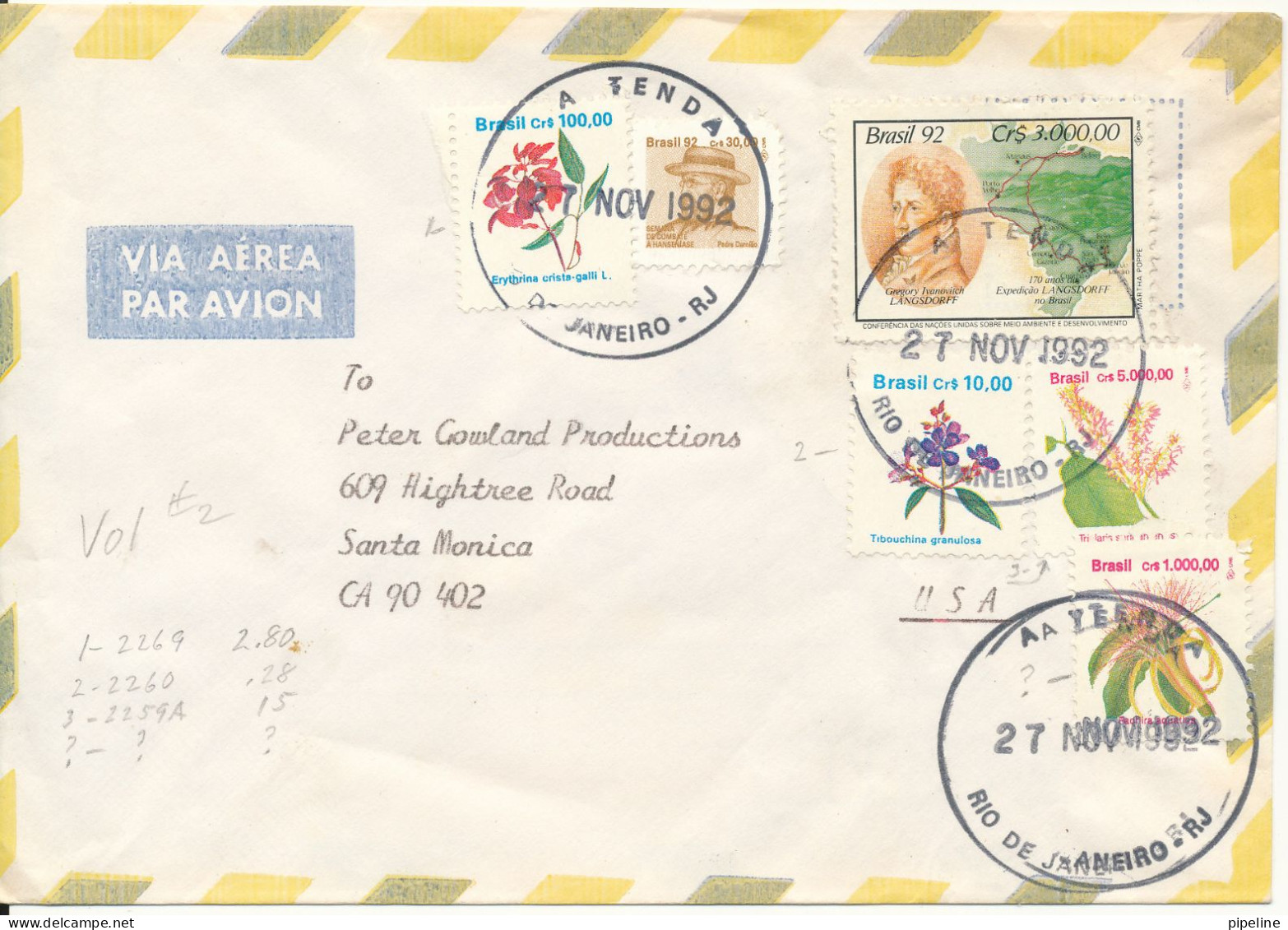 Brazil Air Mail Cover Sent To USA 27-11-1992 Topic Stamps - Posta Aerea