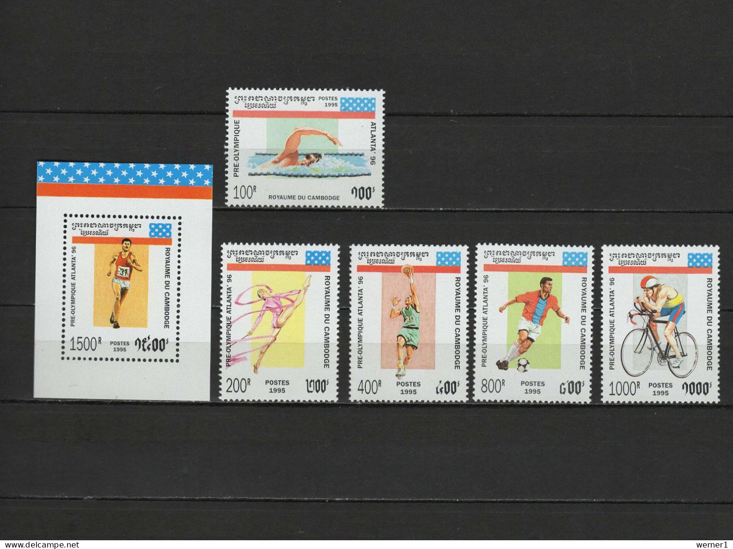 Cambodia 1995 Olympic Games Atlanta, Football Soccer, Cycling, Swimming Etc. Set Of 5 + S/s MNH - Verano 1996: Atlanta