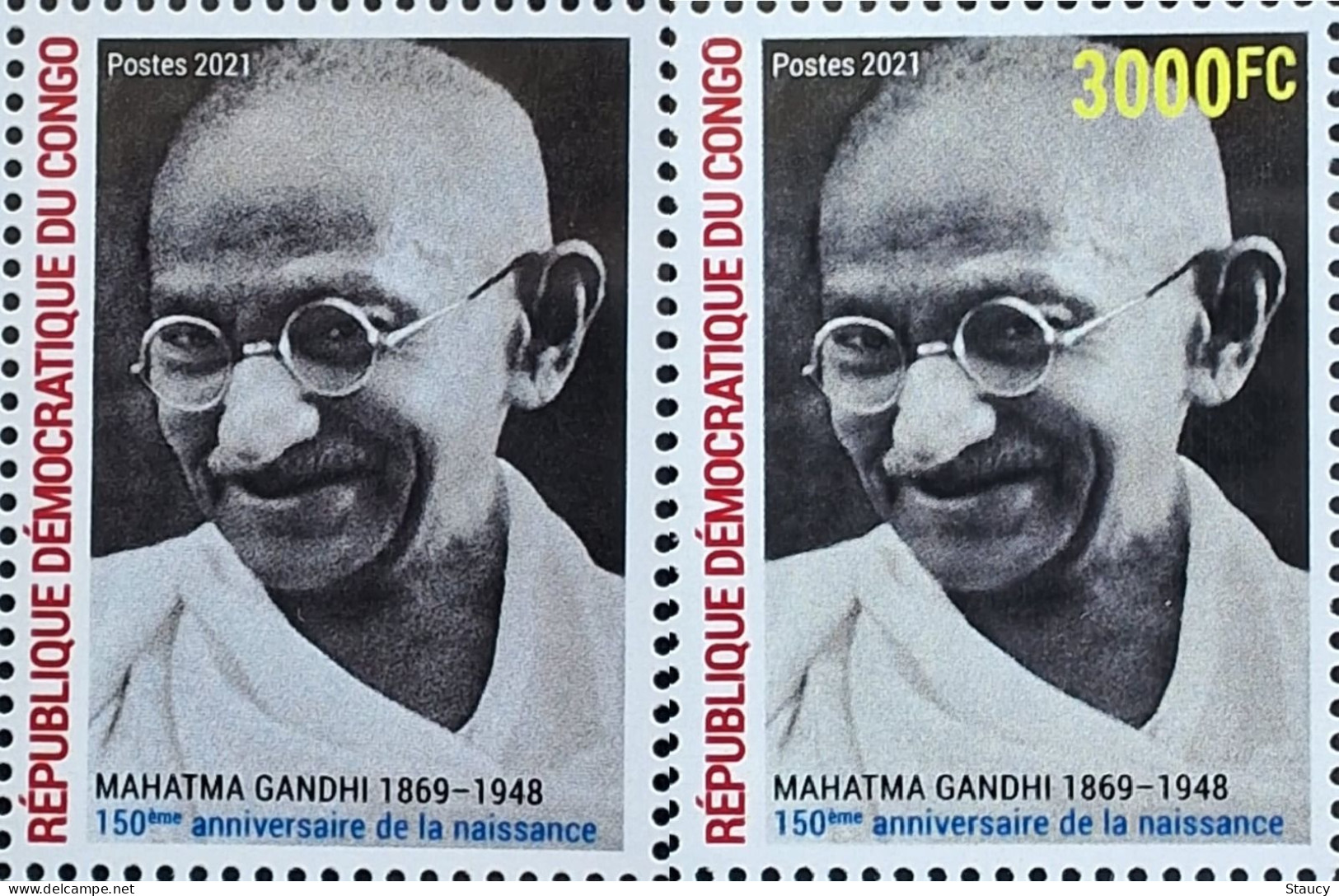 CONGO 2021 Error 3000cf "Yellow Colour Value Omitted" 150th Birth Of Mahatma Gandhi Very Nice Error Found As Per Pic - Mahatma Gandhi